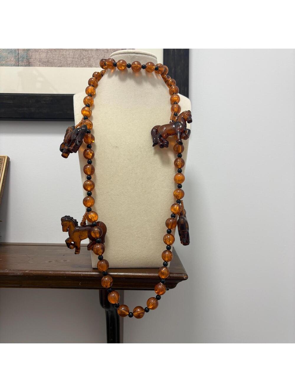 Chunky Vintage Amber Brown Faux Bead Necklace Horse Charms Equestrian 40" Boho